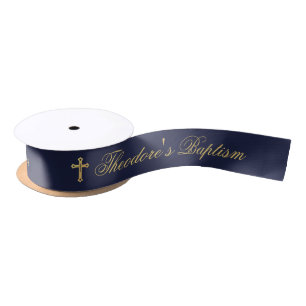 Jongensdoop Navy Blauwe Nepgouden Kruis Calligrafi Satijnen Lint
