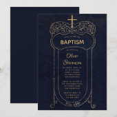 Jongensdoop Navy Blue  Calligraphy Cross Kaart (Voorkant / Achterkant)