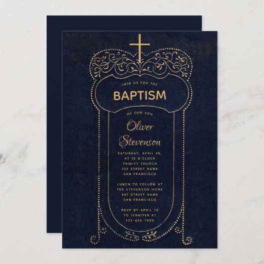 Jongensdoop Navy Blue Calligraphy Cross Kaart (Voorkant / Achterkant)