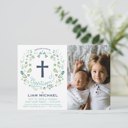 Jongensdoop uitnodiging - Custom Photo Card (Staand voorkant)