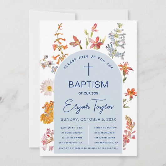 Jongensdoop Wildflowers Blauwe Boog Bloemen Religi Kaart (Voorkant)