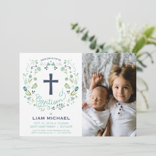 Jongensdoopuitnodiging - Foto, Aangepast,  Kaart (Staand voorkant)