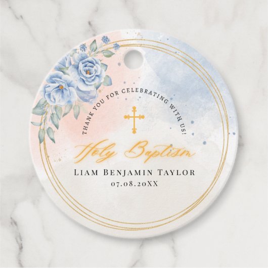 Jongensgodsdienstdoop bloemige waterverf modern bedankjes labels (Voorkant)