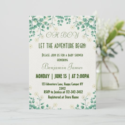jongensgroen en wit Baby shower Uitnodiging (Staand voorkant)