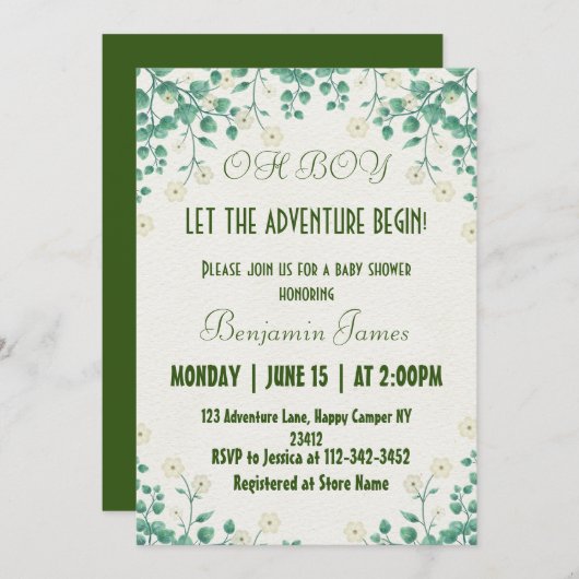 jongensgroen en wit Baby shower Uitnodiging (Voorkant / Achterkant)