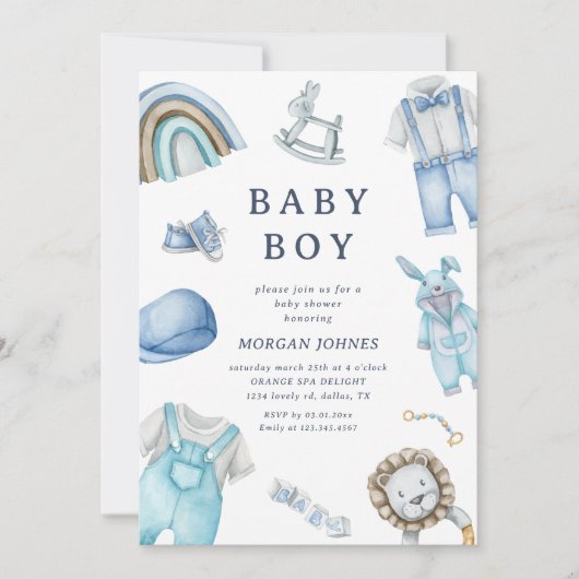 Jongenskleding Kwekerij baby shower uitnodiging (Voorkant)