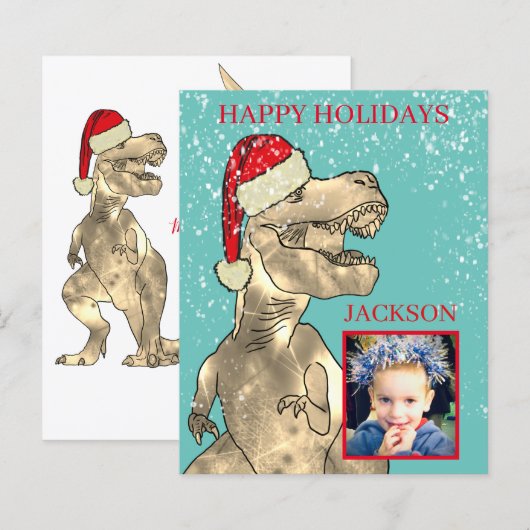 Jongensnaam T-Rex Santa Dinosaur Kerstfoto (Voorkant / Achterkant)