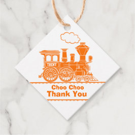 Jongensnaam trein locomotief oranje wit verjaardag bedankjes labels