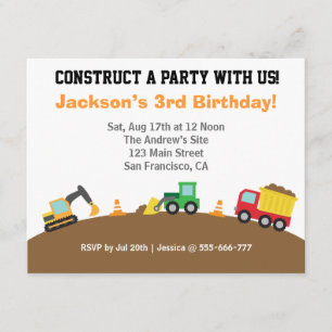 Jongerenbouwvoertuigen Thema Birthday Party Kaart