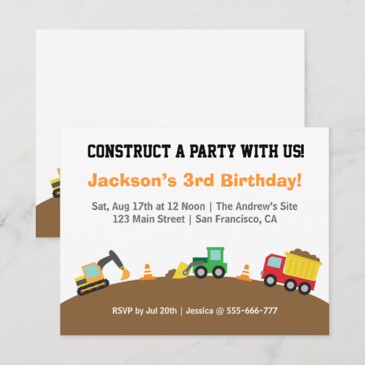Jongerenbouwvoertuigen Thema Birthday Party Kaart (Voorkant / Achterkant)