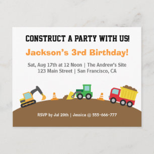 Jongerenbouwvoertuigen Thema Birthday Party Kaart