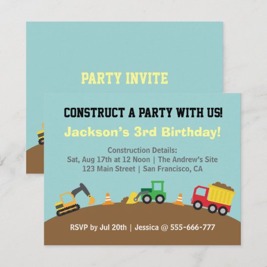 Jongerenbouwvoertuigen Thema Birthday Party Kaart (Voorkant / Achterkant)