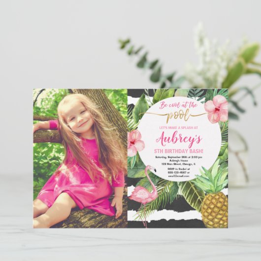 Jongerenfeest op het poolfeest, flamingo tropische kaart (Staand voorkant)