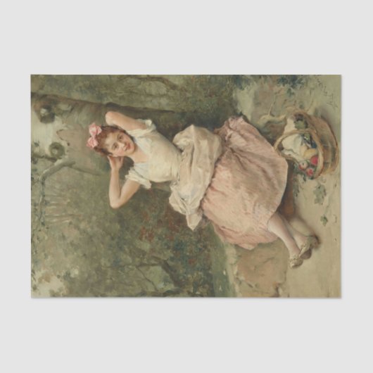 Jongerenmeisje dat aan de voet van een boom zit tissuepapier (Voorkant)