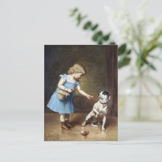 Jongerenmeisje dat een hond voedt van Carl Reicher Briefkaart (Staand voorkant)