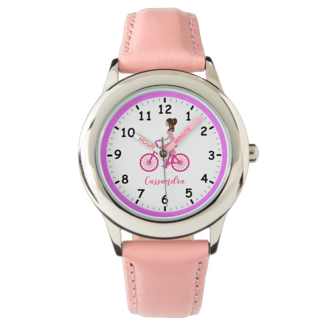Jongerenmeisje met pony staart een roze fiets horloge (Voorkant)