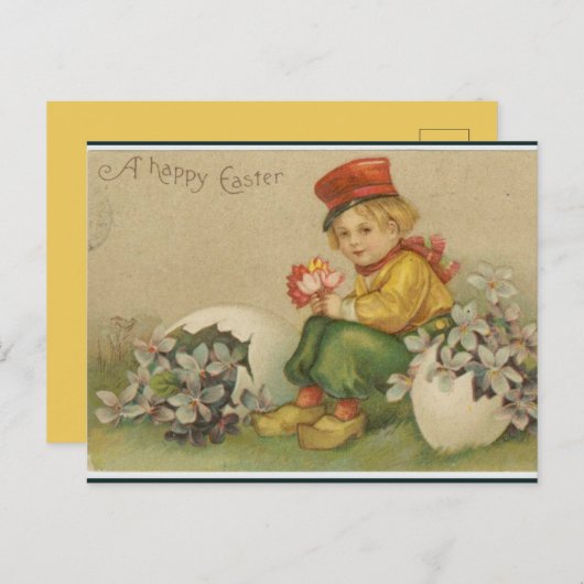  jongetje met bloemen en eicel briefkaart (Voorkant / Achterkant)