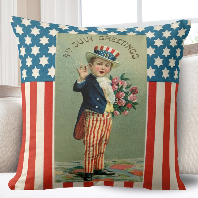  jongetje Sam op 4 juli Kussen (Vintage Young Uncle Sam 4th of July Throw Pillow)