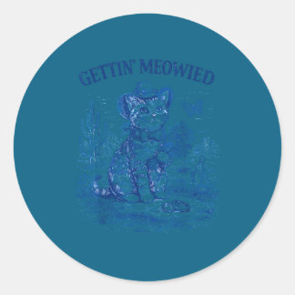 Jonggezellenfeest cowboy cowgirl laat me miauwen ronde sticker