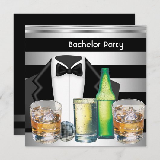 Jonggezellenfeest Heren Drankjes Tuxedo Zwart Zilv Kaart (Voorkant / Achterkant)