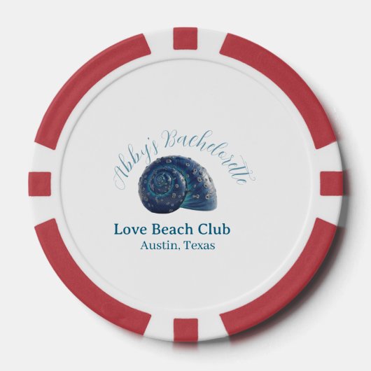 Jonggezellenfeest strandclub blauwe zee schelp naa poker chips (Voorkant)