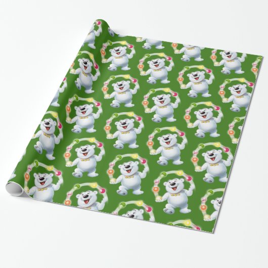 Jongleren Polar Beer. Groen Glanzend cadeau Cadeaupapier (Uitgerold)