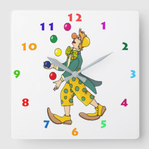 JONGLERENDE MET CLOWN MET KLEURRIJKE CIJFERS VIERKANTE KLOK