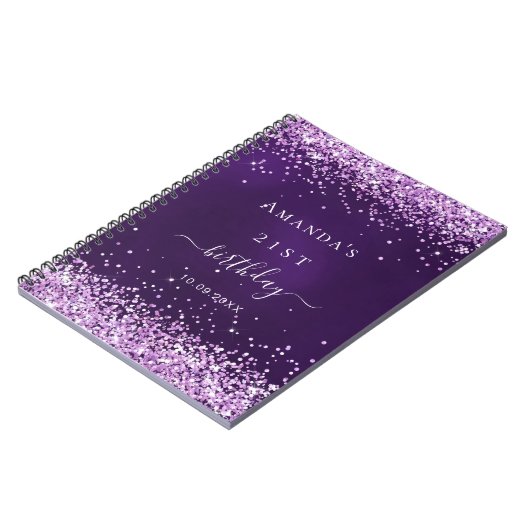 Jongste verjaardag paarse glitter naam notitieboek (Linkerzijde)