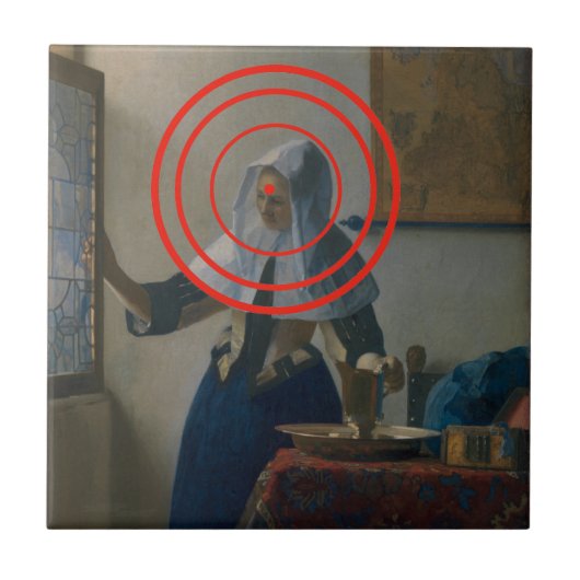 Jongste vrouw met een foto van de vermeer tegeltje (Voorkant)