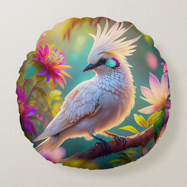 Jongvolwassen Kuifbloesem Veer Duif Fantasie Vogel Rond Kussen (Voorkant)
