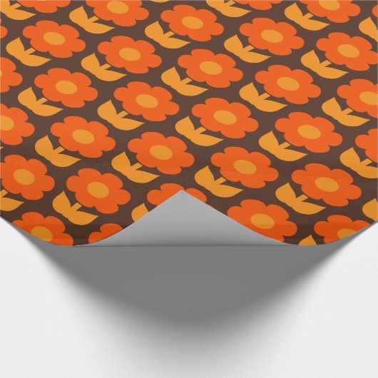 Jonnty Flowers Retro 70s Bloemmotief Sinaasappel Cadeaupapier (Hoek)