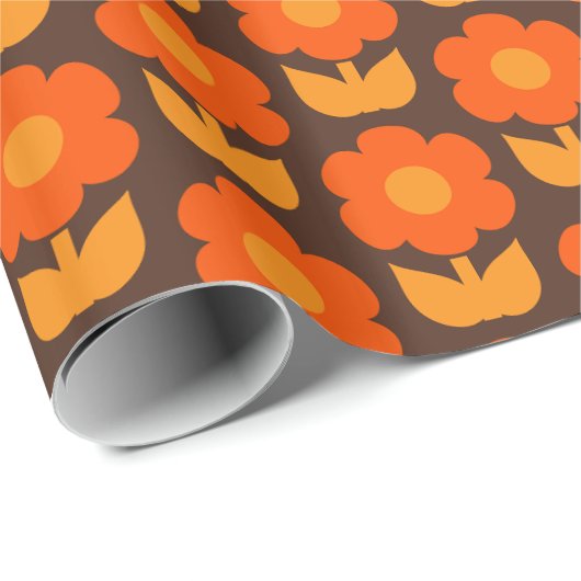 Jonnty Flowers Retro 70s Bloemmotief Sinaasappel Cadeaupapier (Rol Hoek)