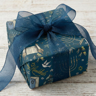 Joods Gelukkig Hanukka Menora Navyblauw Cadeaupapier