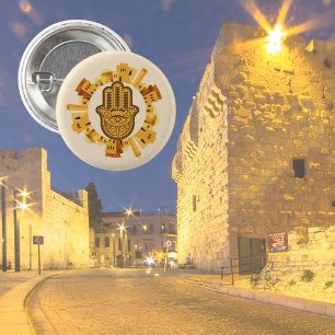 Joods Goud Jeruzalem Hamsa met Ster van David Ronde Button 3,2 Cm