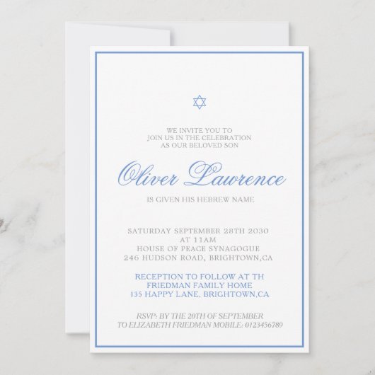 Joods Hebreeuws Jongen Naming Blue Uitnodiging (Voorkant)