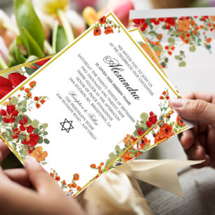 Joods Meisje Baby Naming Red Modern Floral Kaart