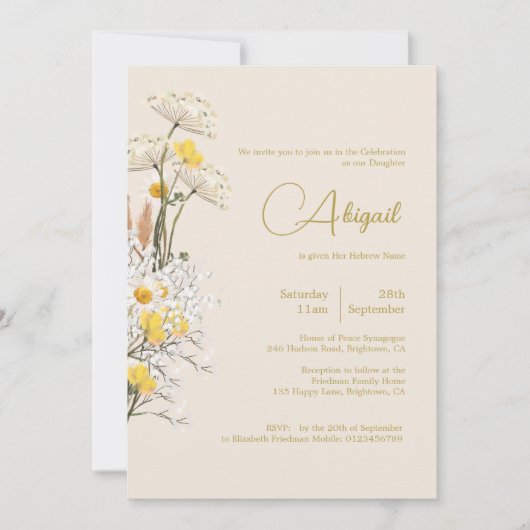 Joods Meisje Baby Naming Waterverf Wildflower Kaart (Voorkant)
