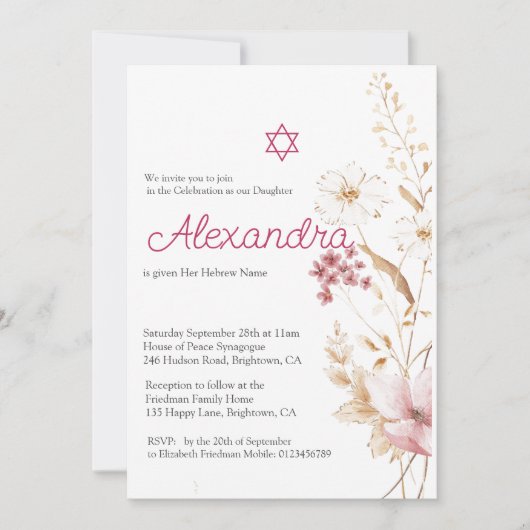 Joods Meisje Baby Naming Wildflower Star of David Kaart (Voorkant)