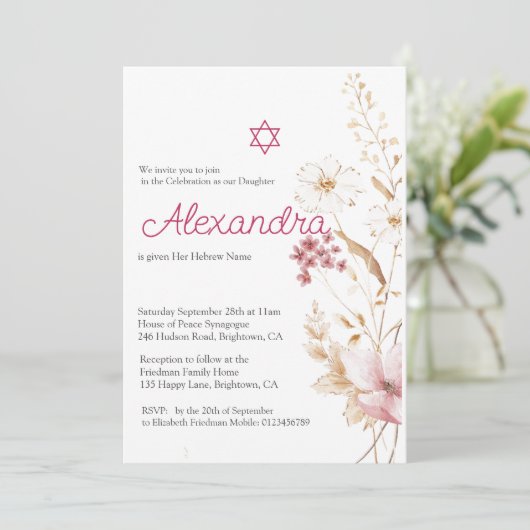 Joods Meisje Baby Naming Wildflower Star of David Kaart (Staand voorkant)