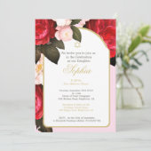 Joodse Baby Naming Floral Pink Gold Uitnodiging (Staand voorkant)