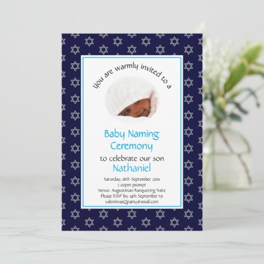 Joodse Baby Naming | Foto | Davidster | Blauw Kaart (Staand voorkant)