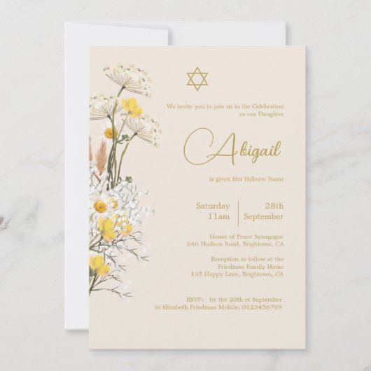 Joodse Baby Naming Foto Waterverf Wildflower Kaart (Voorkant)