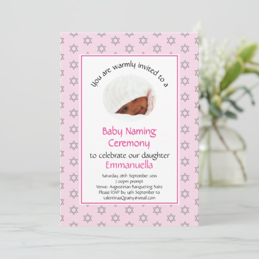 Joodse Baby Naming | Simchat-knuppel | Foto | roze Kaart (Staand voorkant)