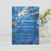 Joodse Bar Mitzvah Blauwe Vloeibare Kunst Uitnodig Kaart (Staand voorkant)