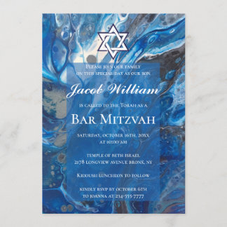 Joodse Bar Mitzvah Blauwe Vloeibare Kunst Uitnodig Kaart