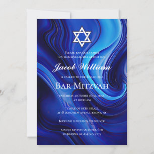 Joodse Bar Mitzvah Blauwe Vloeibare Kunst Uitnodig Kaart