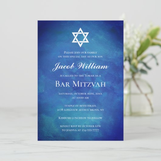 Joodse Bar Mitzvah Blue Waterverf Uitnodiging (Staand voorkant)