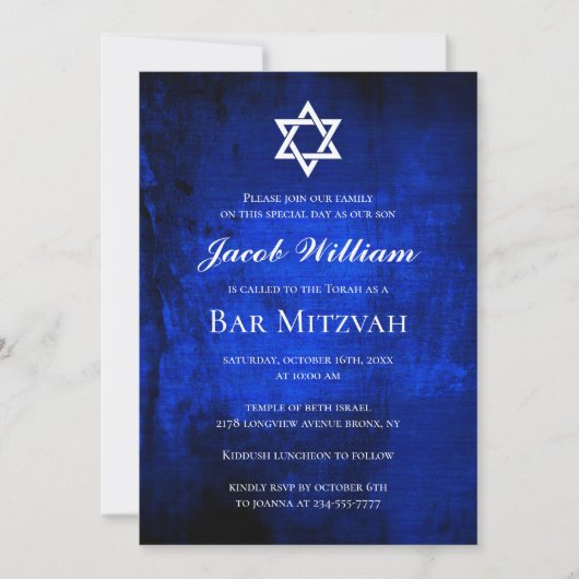Joodse Bar Mitzvah Blue Waterverf Uitnodiging (Voorkant)