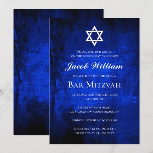 Joodse Bar Mitzvah Blue Waterverf Uitnodiging (Voorkant / Achterkant)