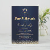 Joodse Bar Mitzvah Modern Navyblauw & Goud Kaart (Staand voorkant)